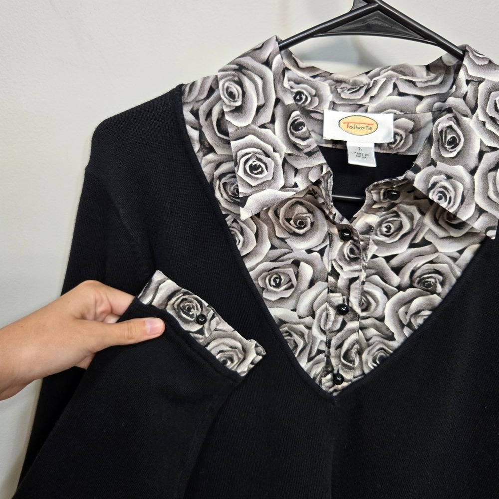 Talbots Layered Sweater Large Vintage Y2K Black Rose Floral V Neck Dark Romantic - Picture 4 of 8